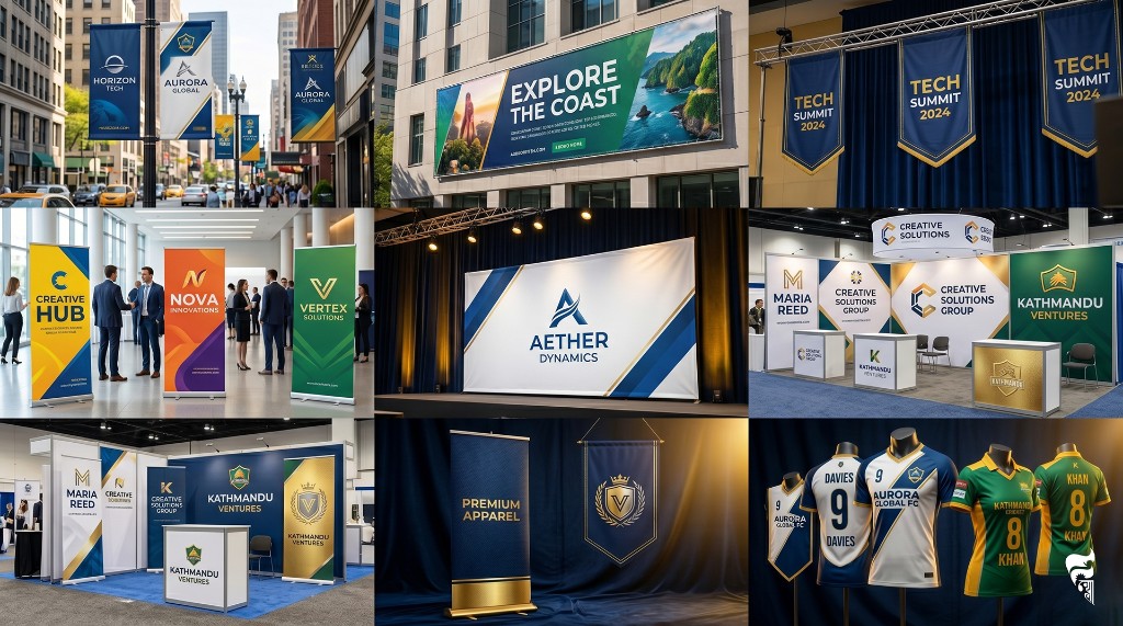 Advertisement banners and event display branding examples.