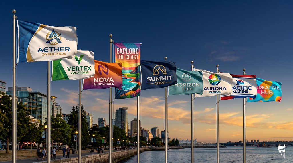 Custom flag printing with branded flags on display.